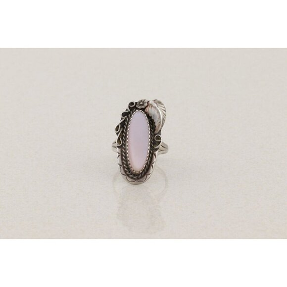 Sterling Silver Pink Mother of Pearl Flower Leaf Ring Size 7 1/4 Signed E - Picture 7 of 7
